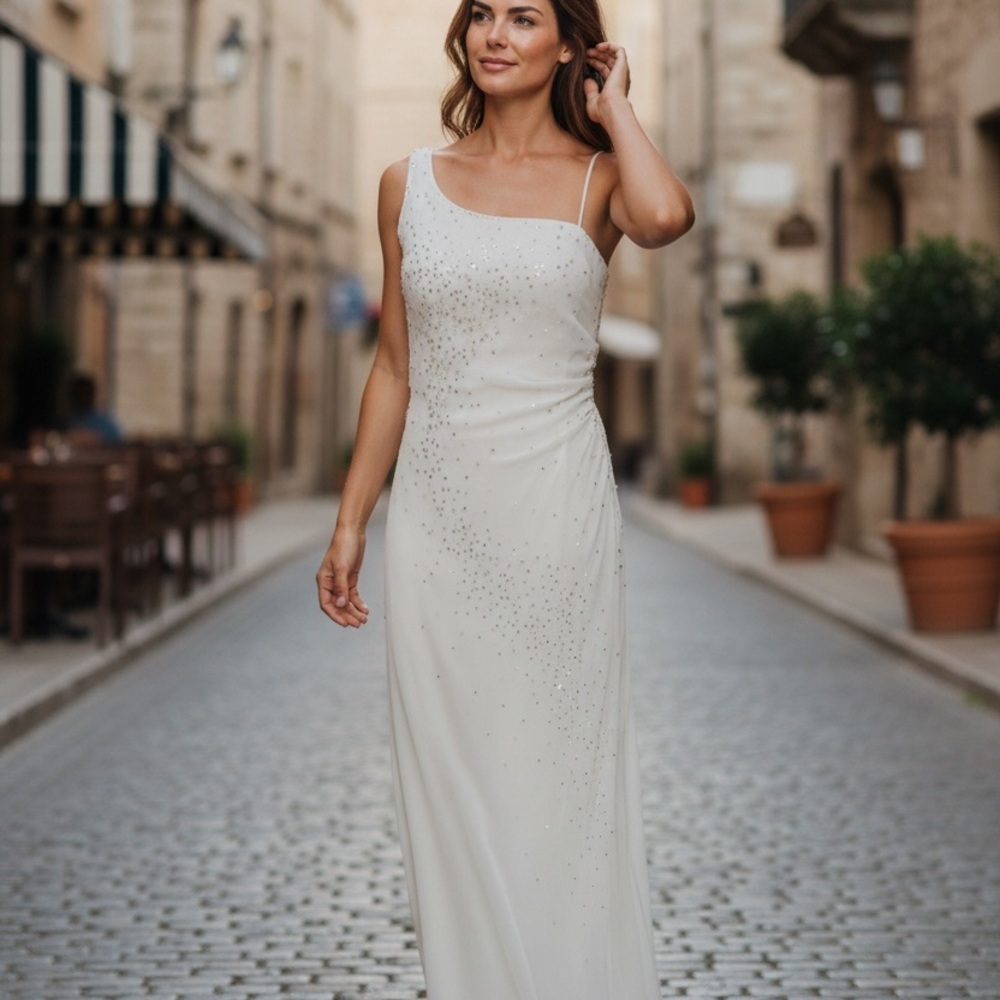 Precious Formals‎ Ivory One-Shoulder Dress Beaded Prom Wedding Formal Gown Sz 16